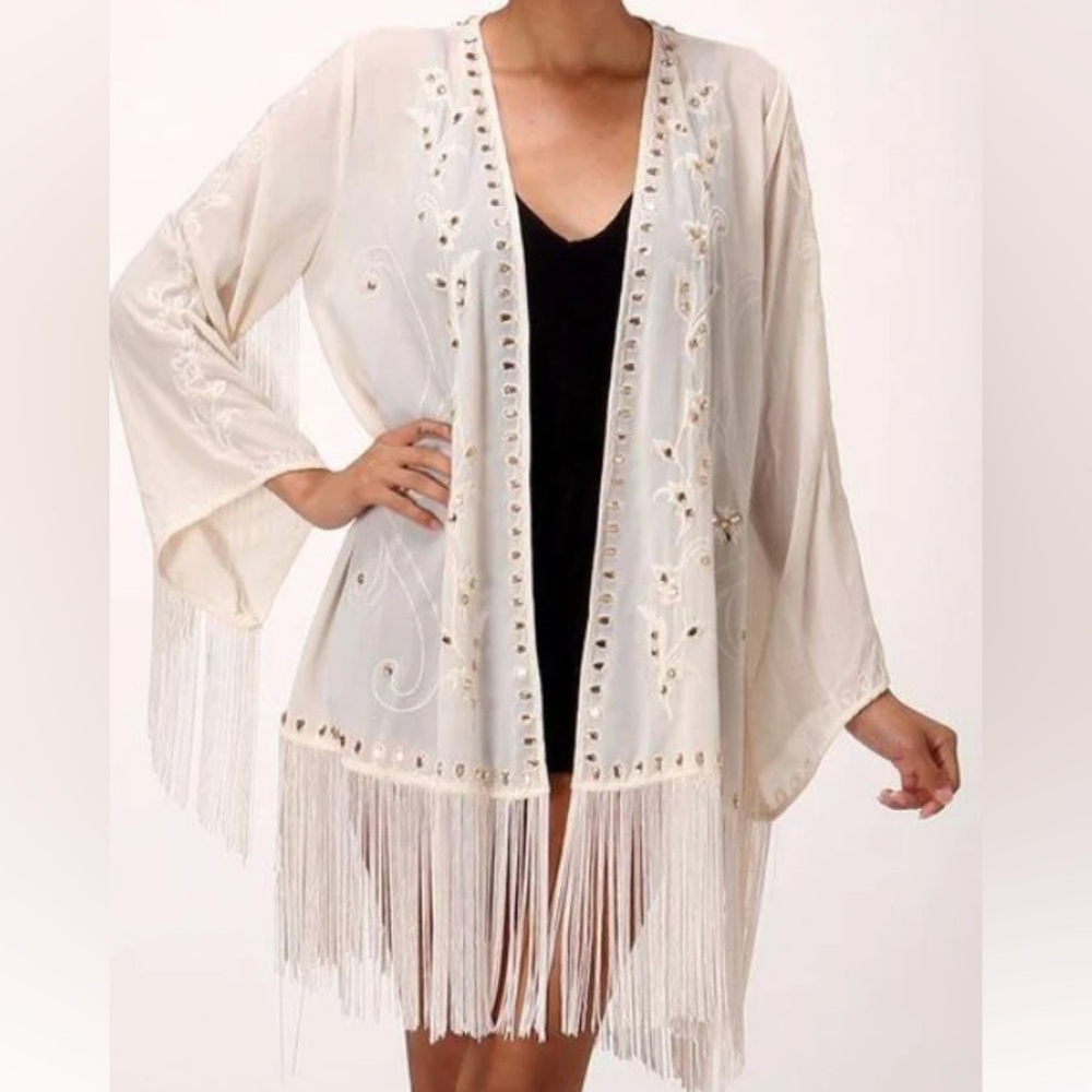 Honey Punch Creamy Ivory Southwestern Style Fringe Kimono with Rhinestone Trim